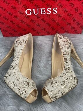 GUESS Women's Cream Lace Peep-Toe Stiletto Heels